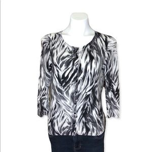 TALBOTS Button Up Cardigan Sweater Black White Medium Striped Tie Dye Abstract